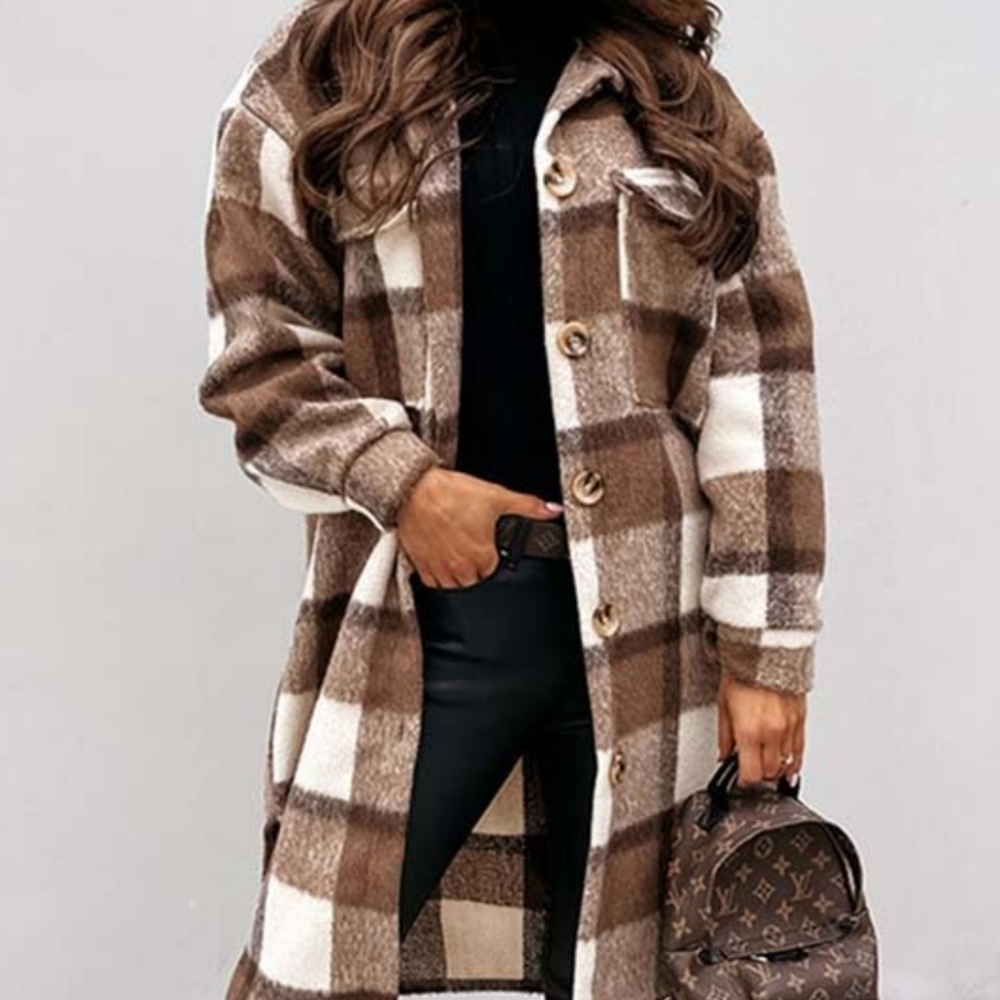 Brown & white plaid, longline, button up shacket with pockets